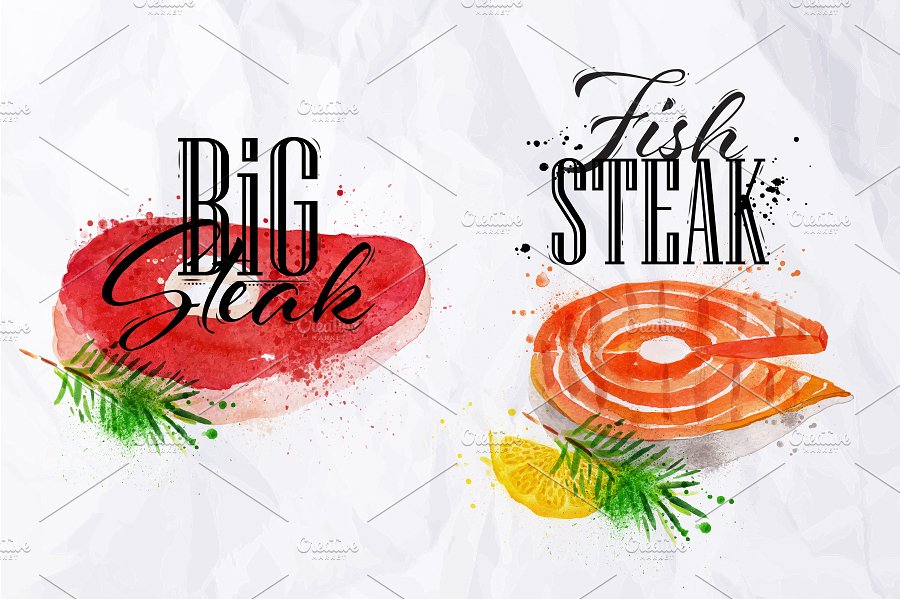 牛排/鱼排/鸡排等肉类水彩矢量插画 Set watercolor steak插图(3)