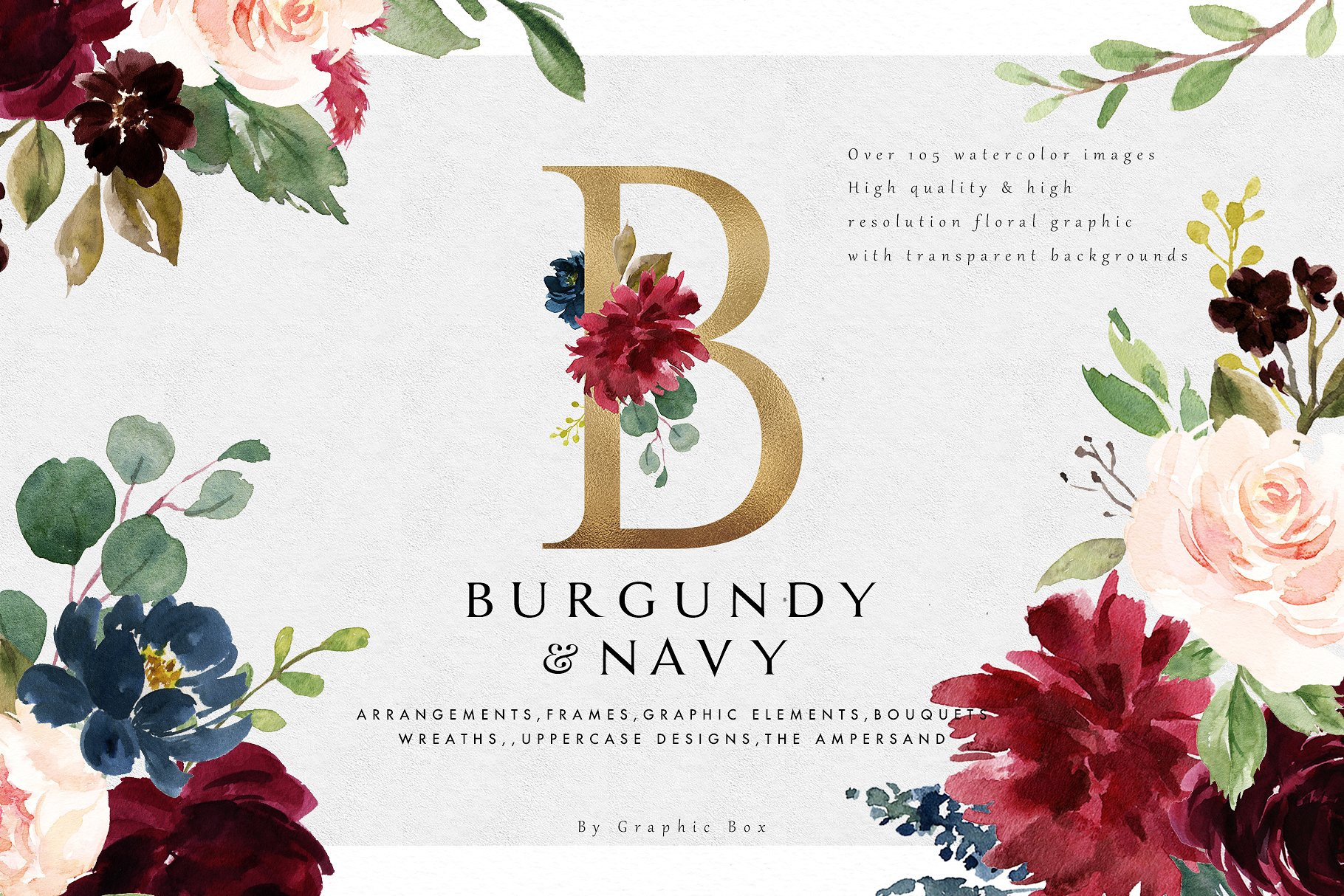 极力推荐：水彩花卉素材 Burgundy&Navy Floral Graphic Set [1.63GB]插图