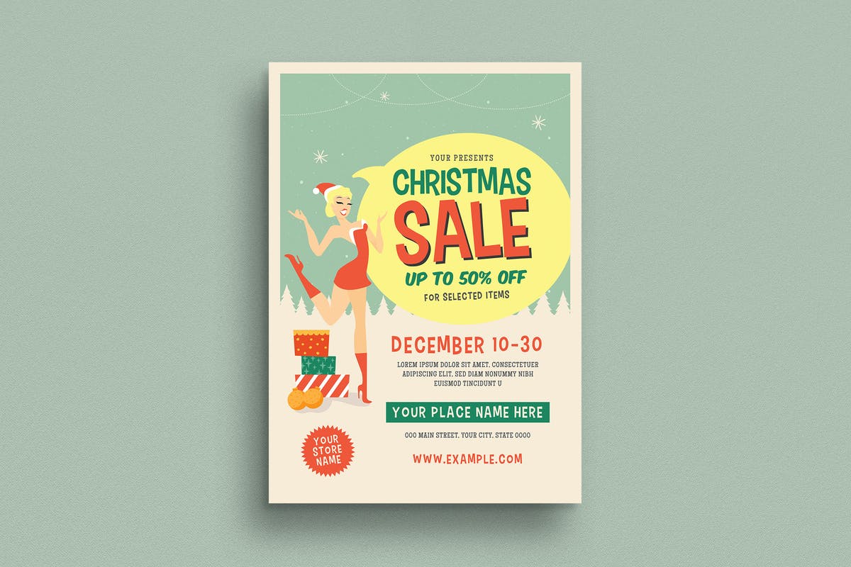 经典圣诞节节日促销海报模板 Retro Chirstmas Sale Event Flyer插图