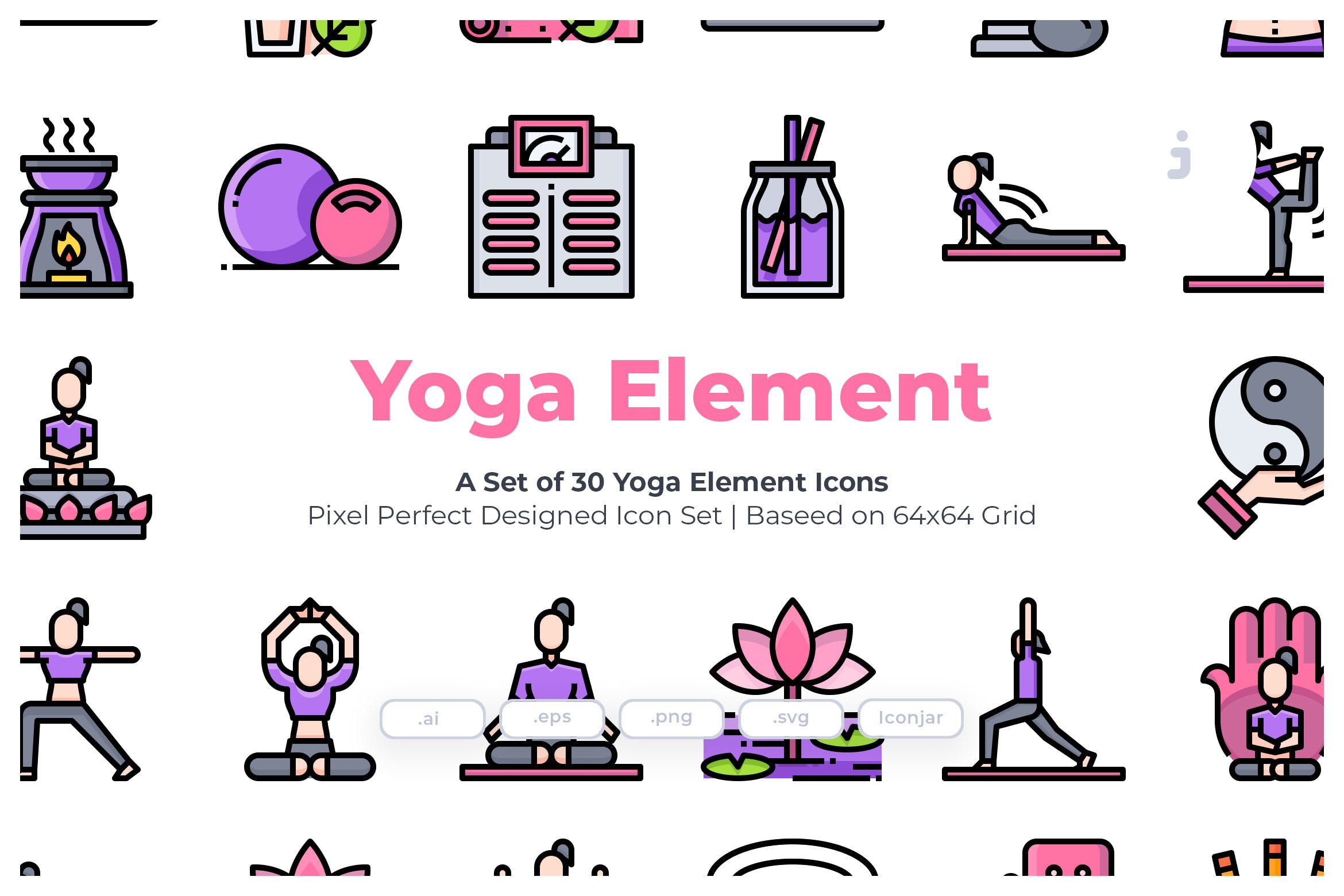 30枚瑜伽运动元素彩色矢量图标素材 30 Yoga Element Icons插图