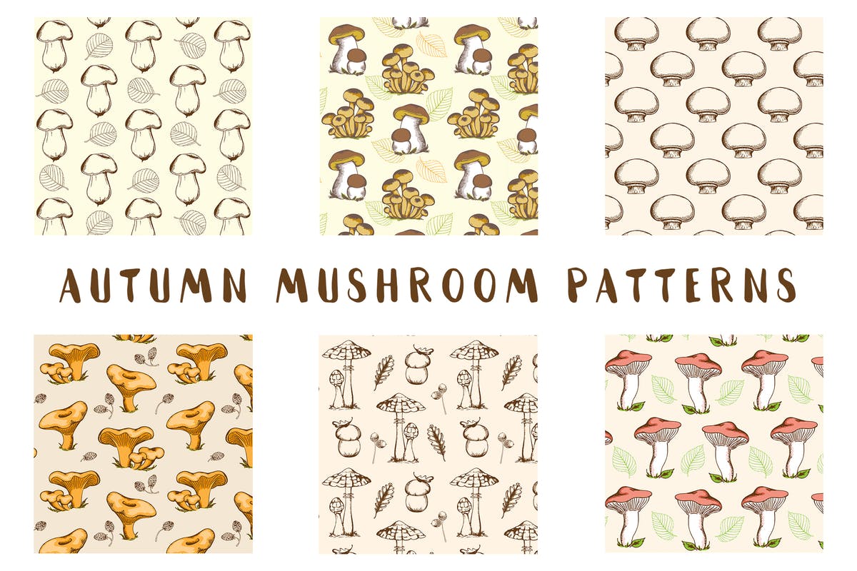复古秋季手绘蘑菇图案素材 Vintage Autumn Mushroom Patterns插图