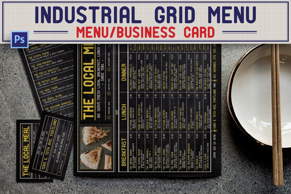 餐厅小食店横向网格菜单PSD模板 Industrial Grid Menu插图