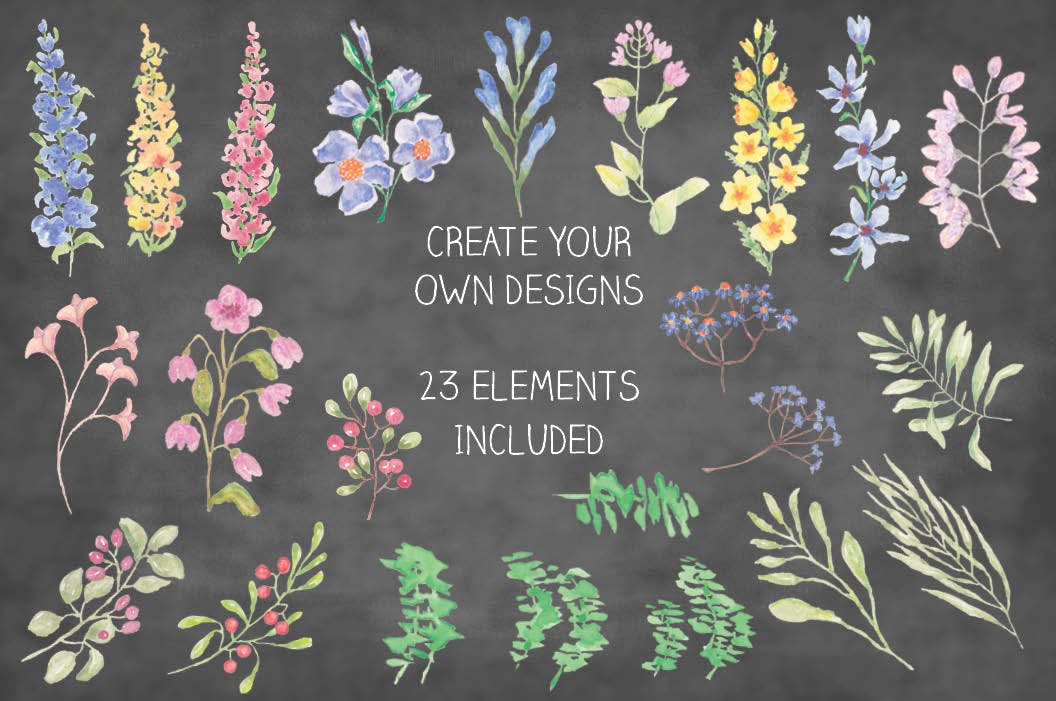 水彩手绘花卉边框&元素PNG素材 Field Flowers: Watercolor Border plus Elements插图(1)