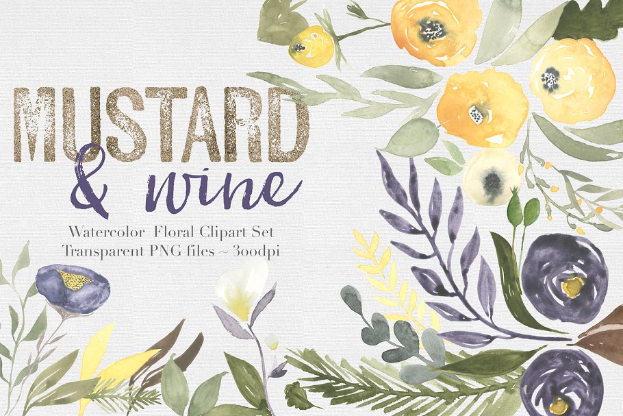 水彩芥末洋酒色花卉植物剪贴画合集 Mustard & wine Floral Clipart Set插图