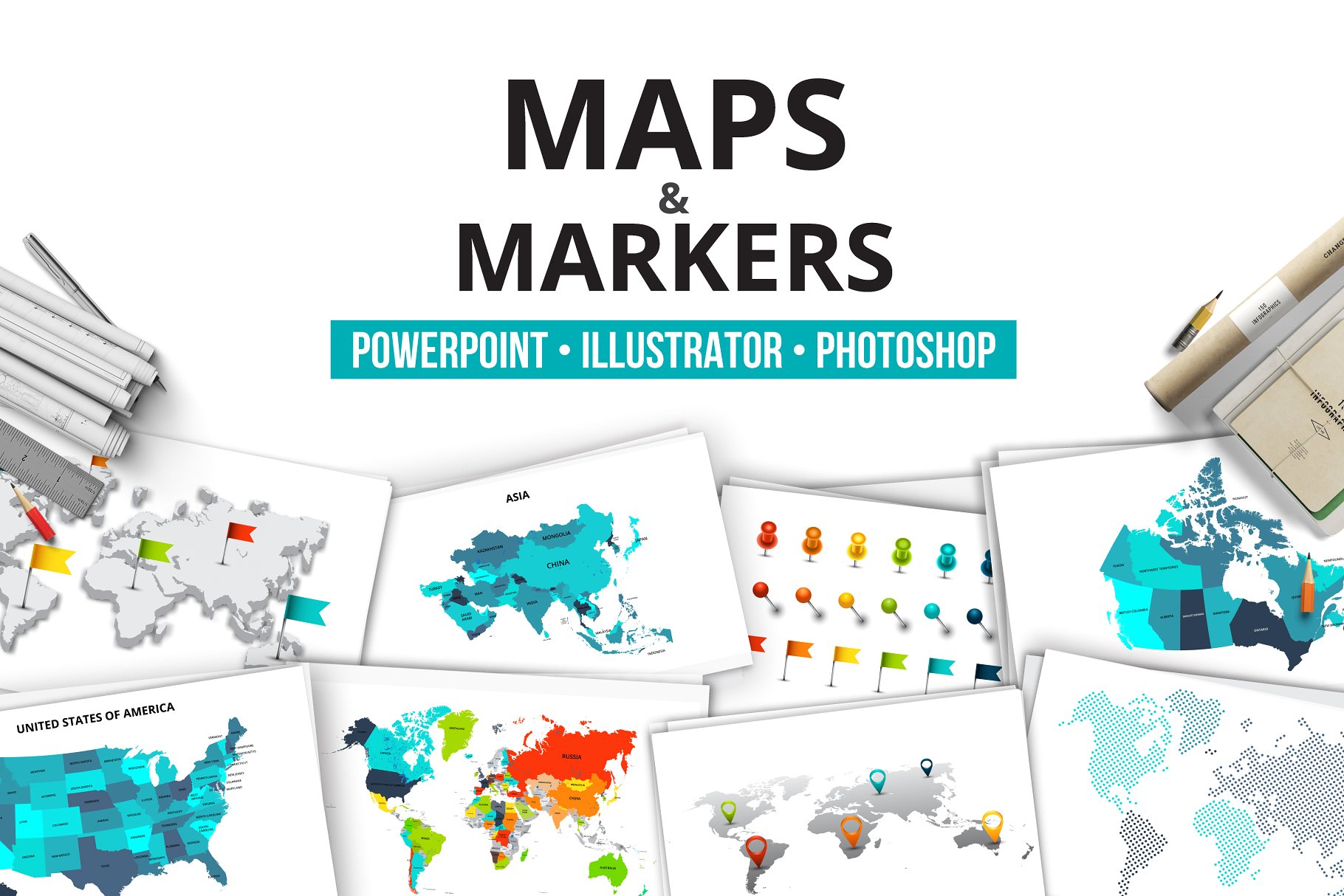 地图图形信息图表报表类幻灯片设计元素 Maps and markers插图