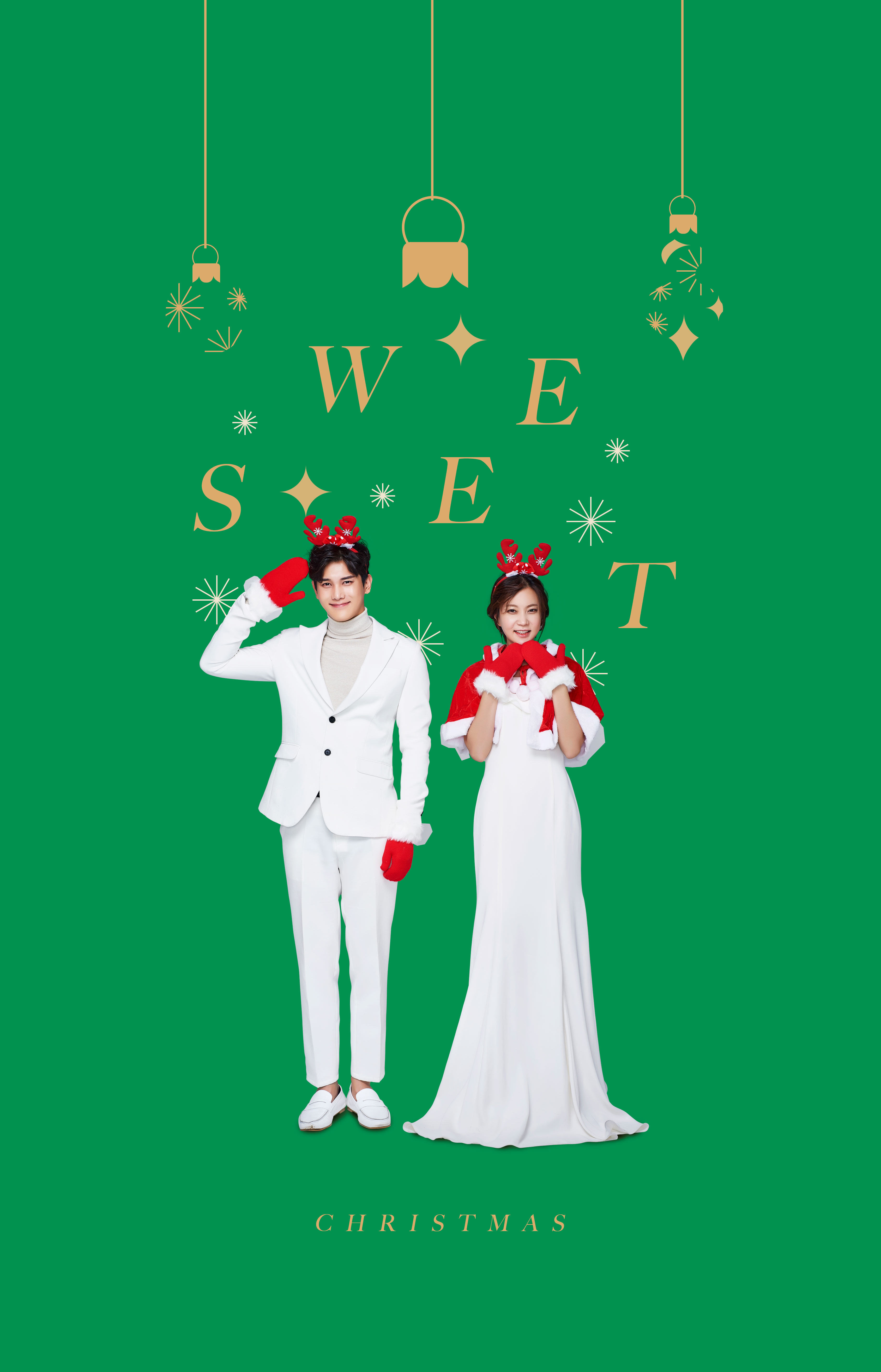 圣诞甜蜜爱情主题绿色背景海报psd素材插图