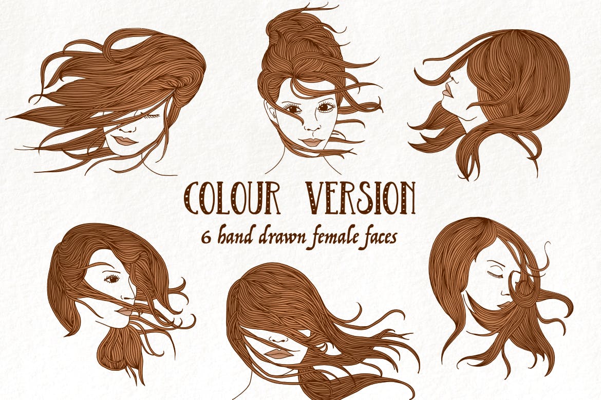6个长发飘飘女子脸蛋头像矢量手绘图案素材 Wind in Your Hair – Hand drawn Girls’ Faces插图(1)