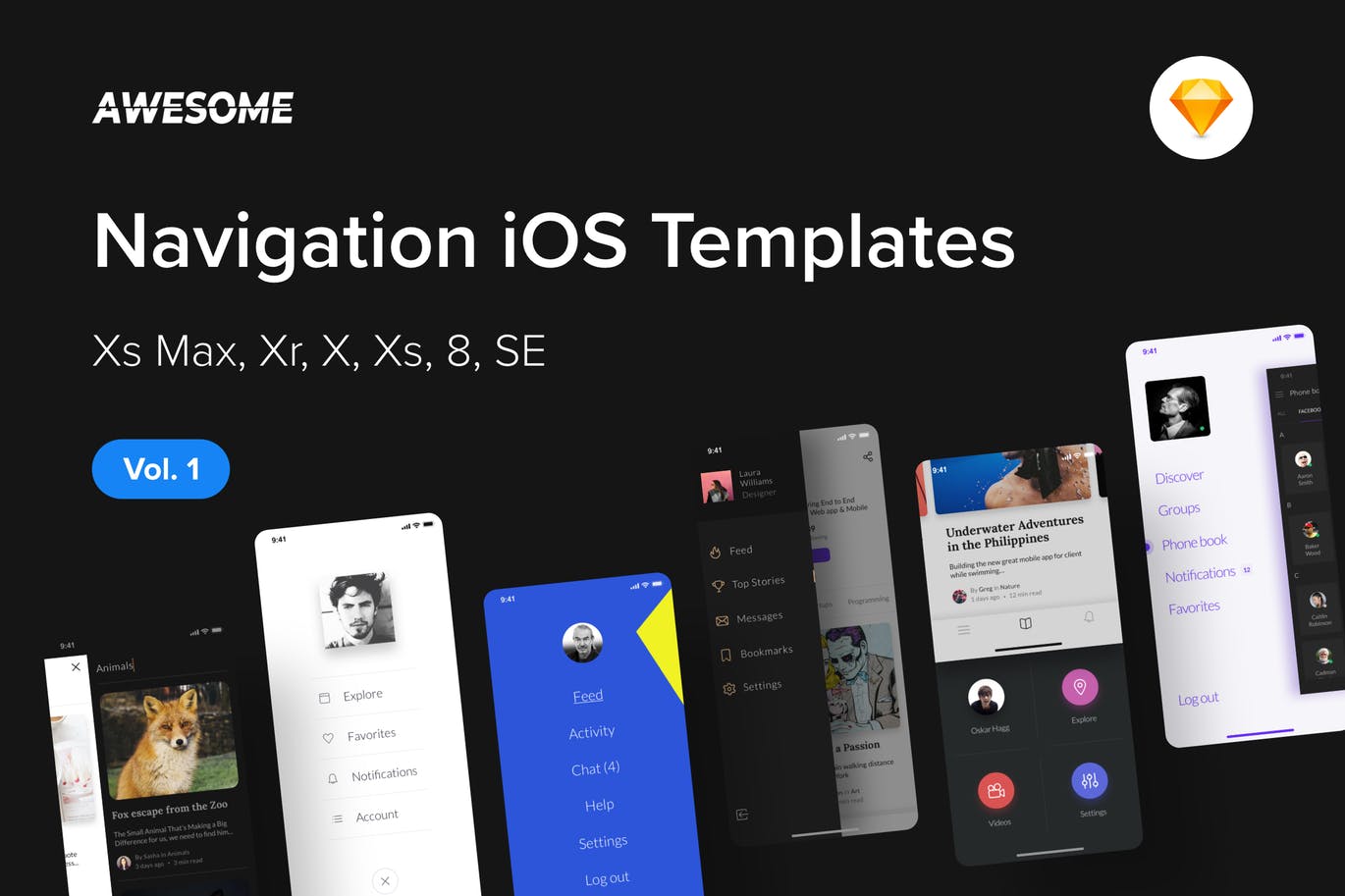 iOS手机应用导航栏菜单UI设计套件SKETCH素材v1 Awesome iOS UI Kit – Navigation Vol. 1 (Sketch)插图