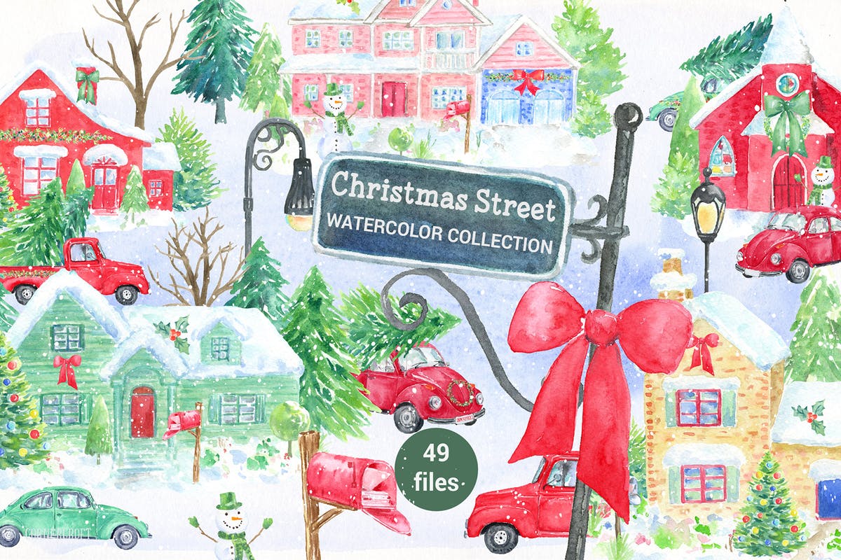 圣诞街道水彩剪贴画元素合集 Watercolor Christmas Street插图