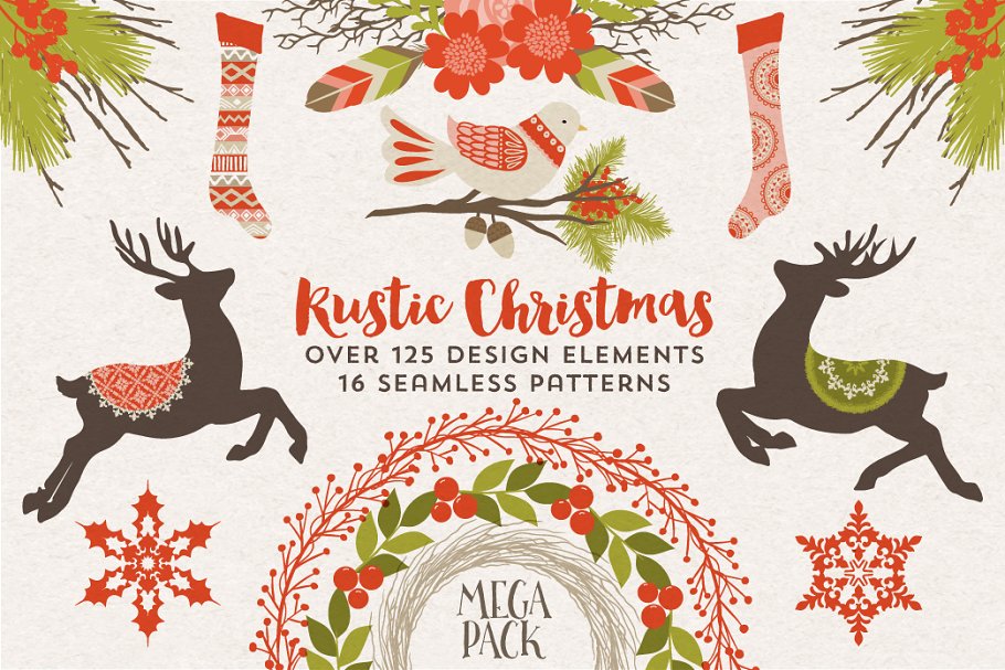 乡村圣诞矢量图形与无缝图案纹理 Rustic Christmas Graphics & Patterns插图