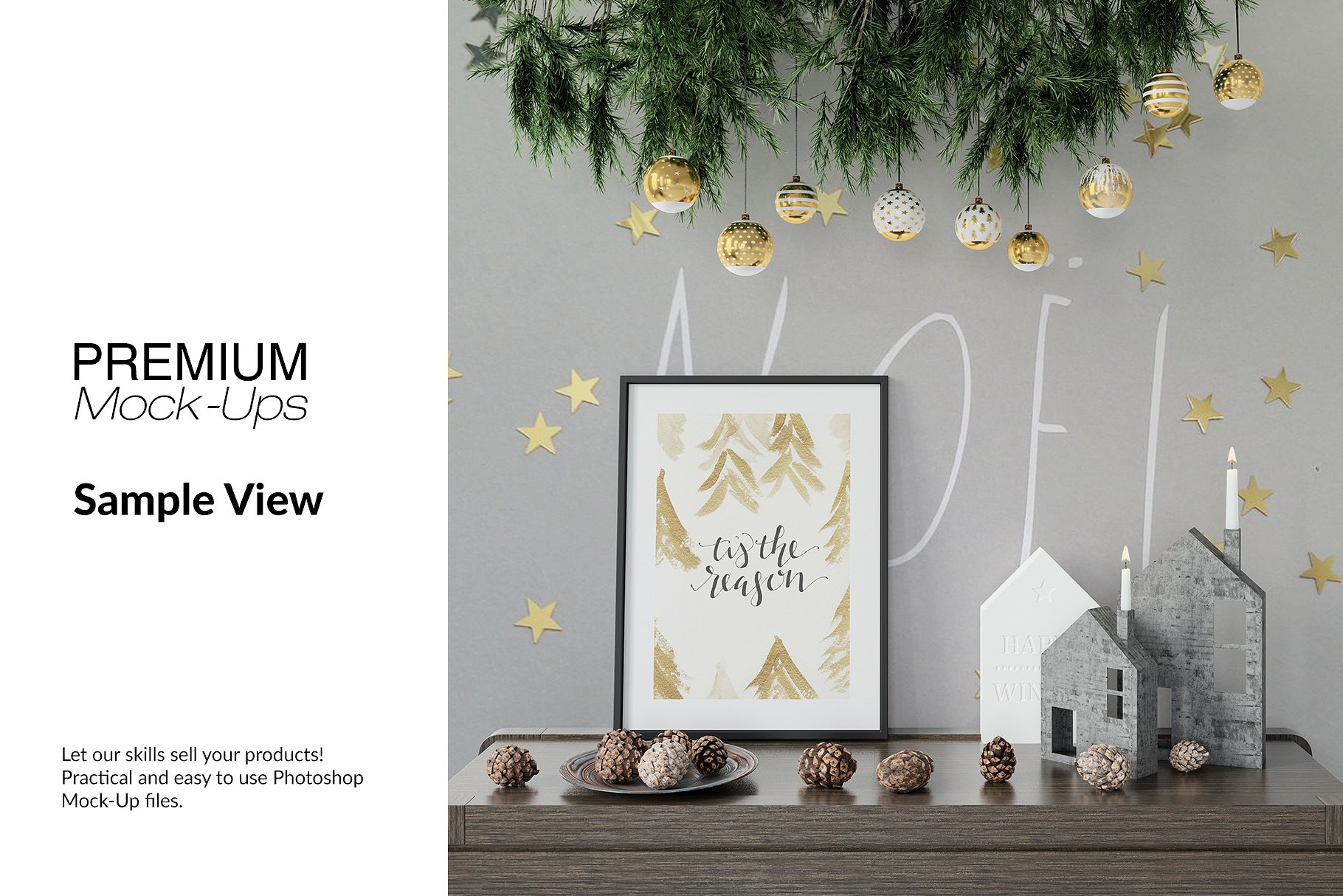 高品质的圣诞节画框框架和墙壁装饰展示样机 Christmas Frames & Wall Set [psd,jpg]插图(5)