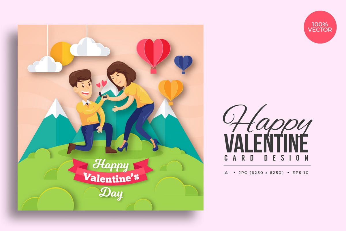 情人节主题剪纸艺术贺卡矢量模板v7 Paper Art Valentine Square Vector Card Vol.7插图