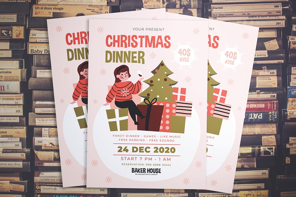 圣诞节晚宴派对活动海报传单模板 Christmas Dinner Party Flyer插图(2)