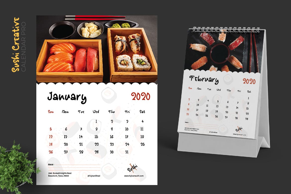 寿司日式料理店定制设计2020年日历表设计模板 2020 Sushi Asian Resto Creative Calendar Pro插图(1)