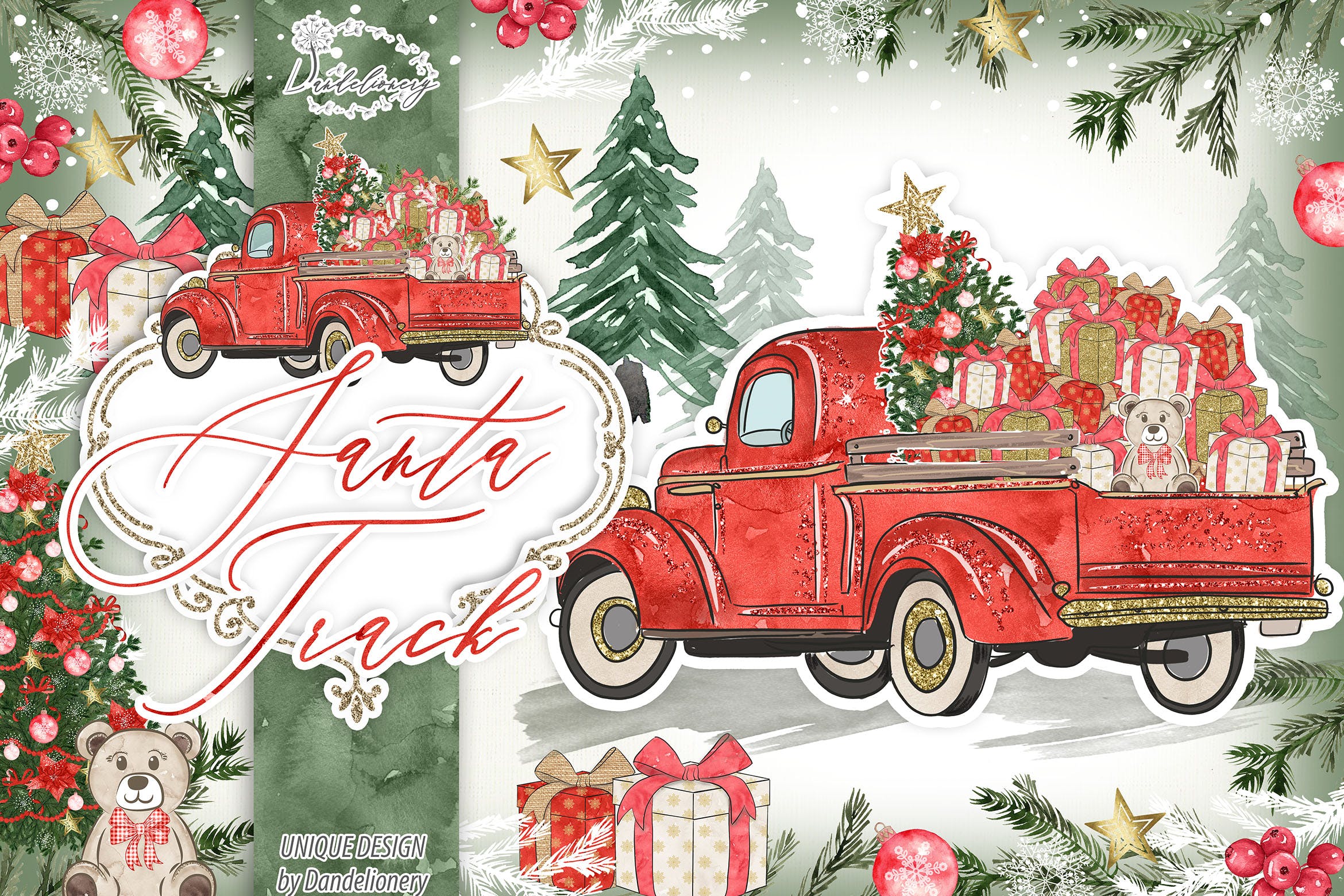 圣诞节礼品卡车矢量手绘设计素材 Christmas Car design插图