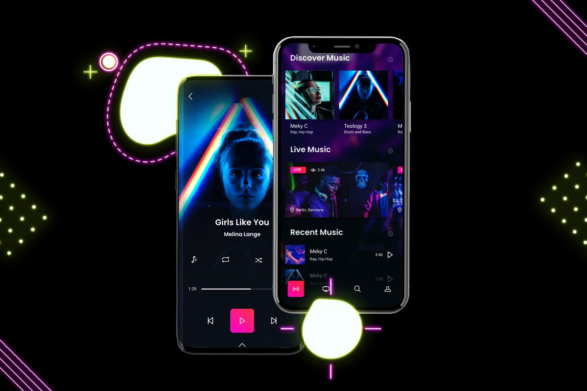 高质量霓虹灯风格iOS/Android手机样机模板 Neon IOS & Android插图(3)