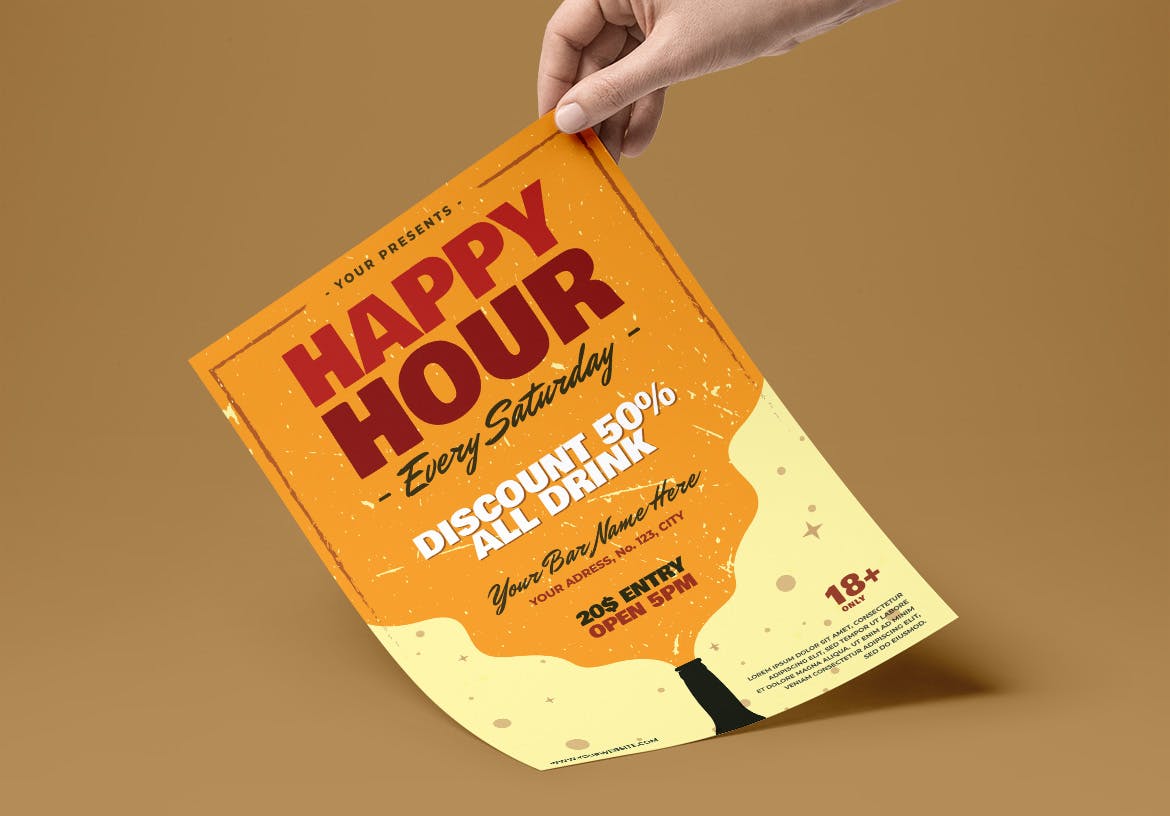 欢乐时光休闲酒吧活动海报传单设计模板 Happy Hour Flyer插图(1)
