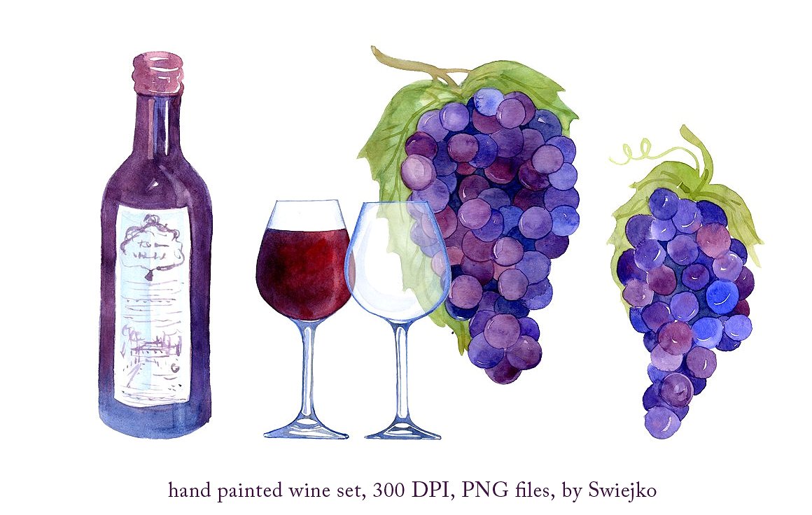 水彩葡萄&葡萄酒矢量剪贴画 Watercolor Wine, Grapes插图