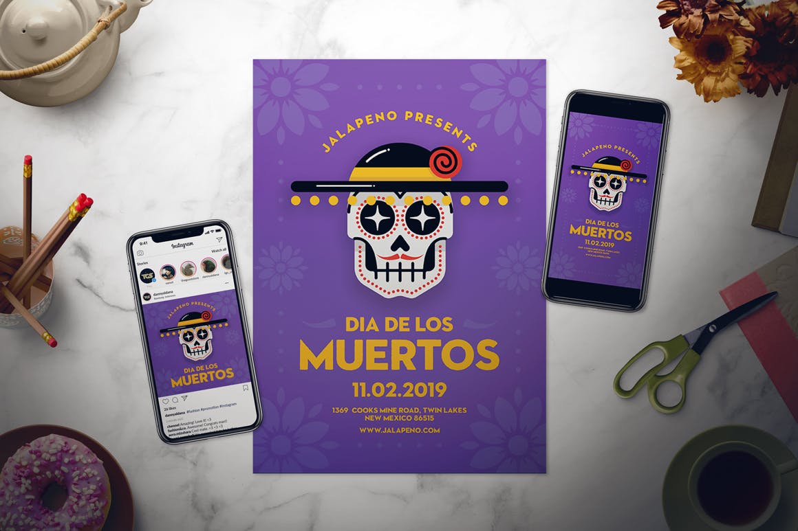 墨西哥亡灵节文化活动海报设计模板 Dia De Los Muertos Flyer Set插图(1)