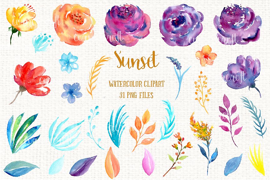 日落色调的水彩花朵剪贴画 Watercolor Clipart Sunset插图(1)