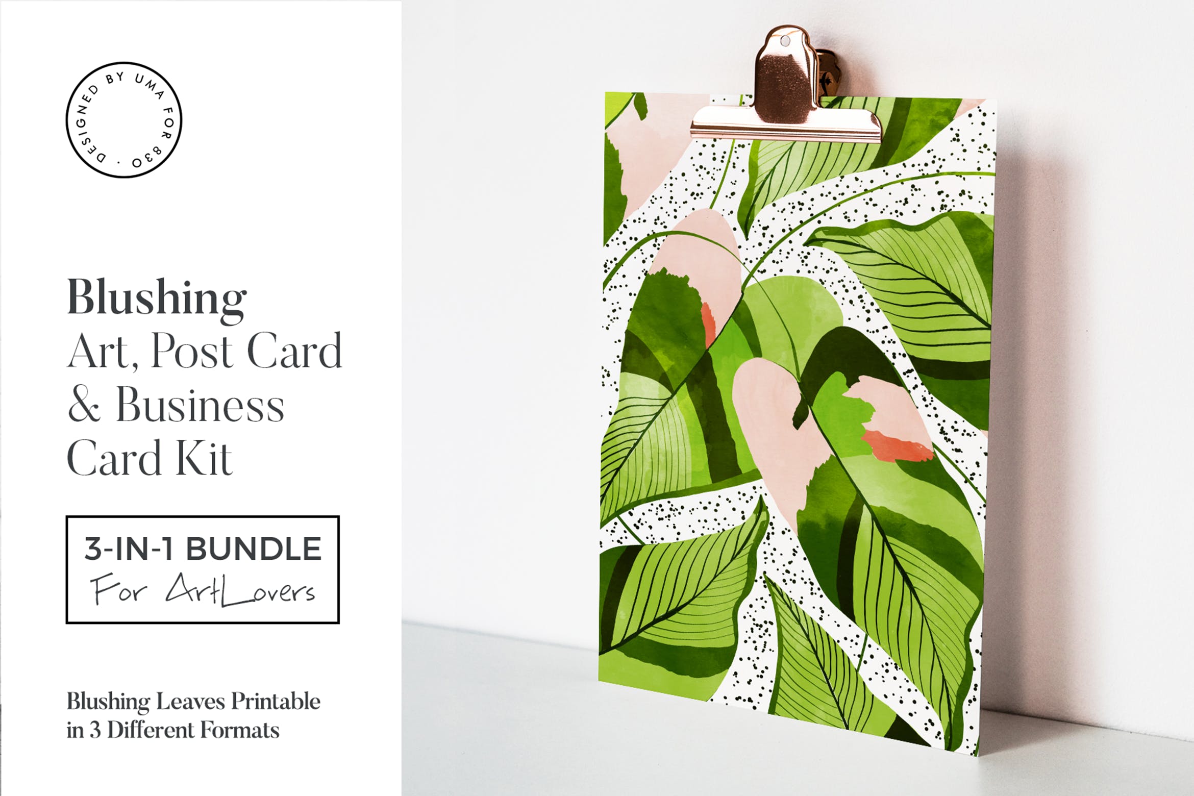 香蕉叶手绘艺术明信片&企业名片设计模板 Blushing Leaves Art & Stationary Kit插图