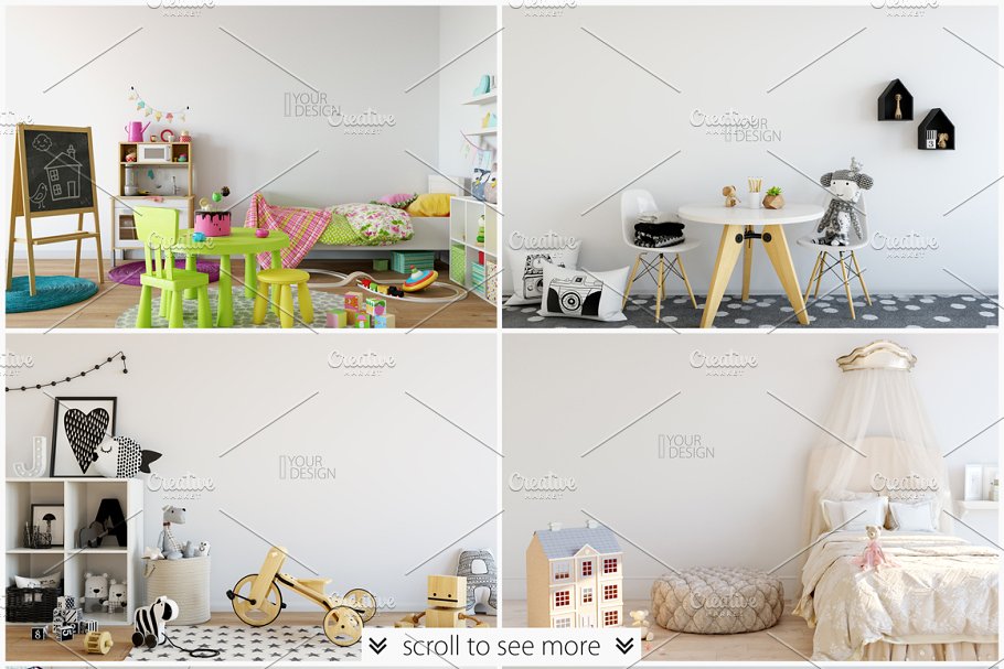 儿童主题室内墙纸设计展示和相框画框样机 Kids Interior Wall & Frames Mockup 1插图(1)