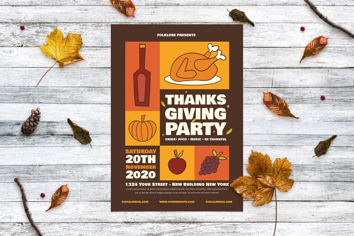 感恩节火鸡派对活动海报设计模板 Thanksgiving Turkey Party插图(1)