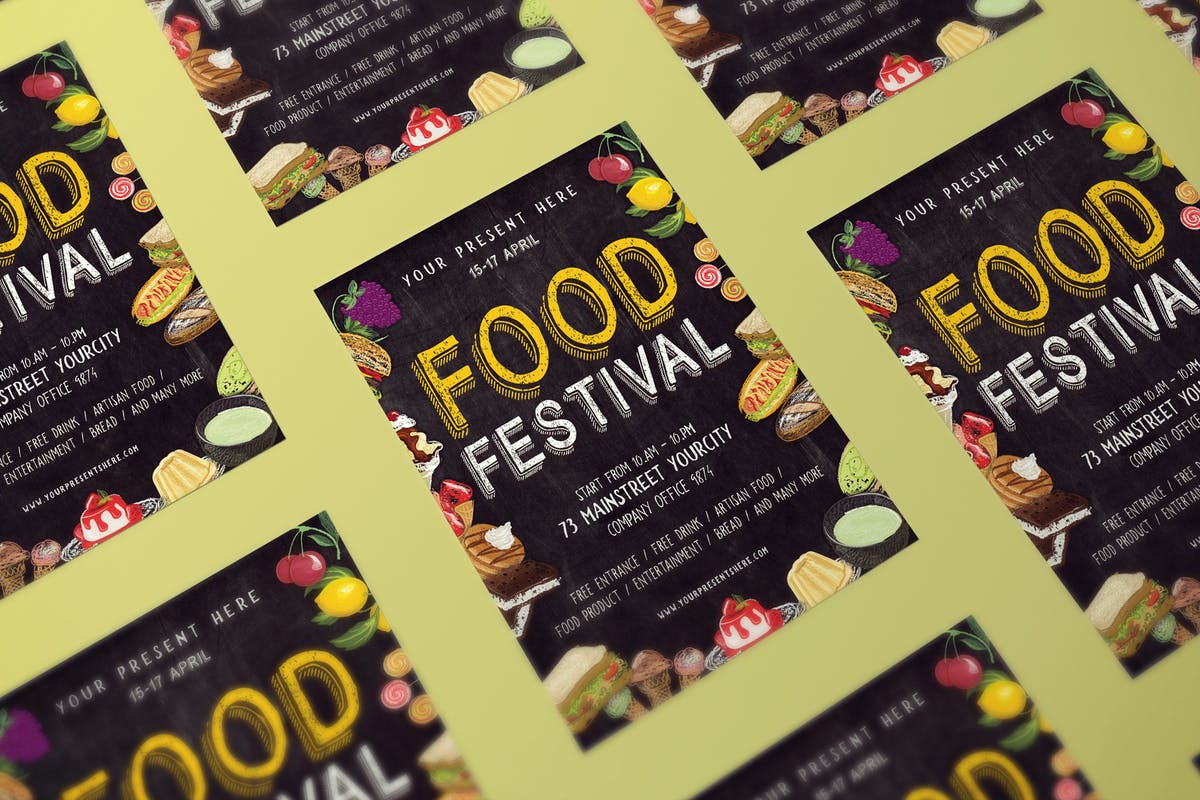 粉笔画黑板画设计风格美食节活动海报模板 Chalk Food Festival  Flyer插图