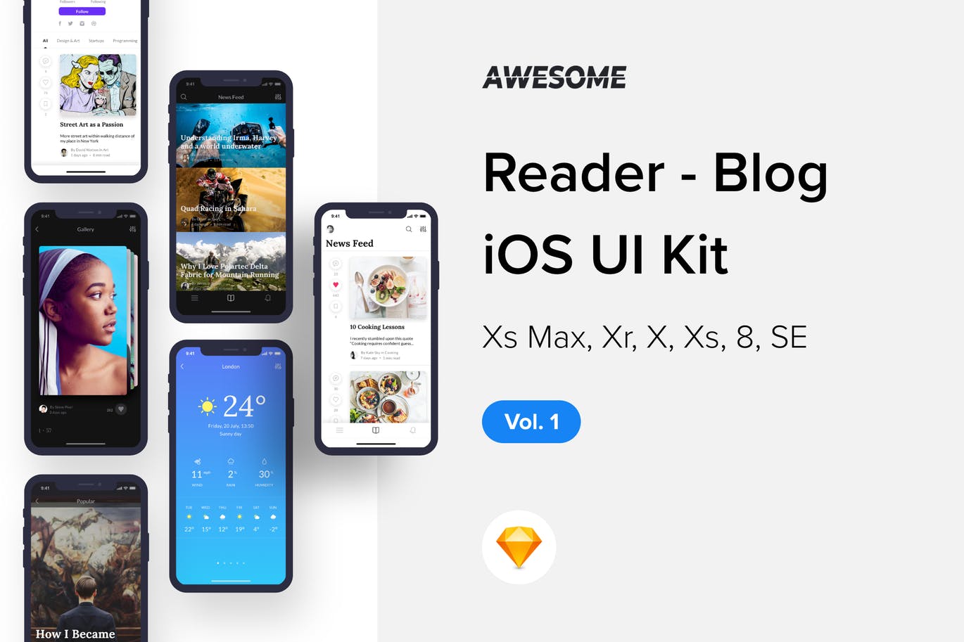 iOS手机资讯类APP应用UI设计套件v1[SKETCH] Awesome iOS UI Kit – Reader Blog Vol. 1 (Sketch)插图