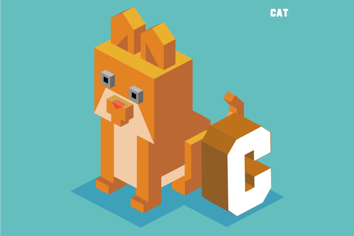 字母C&猫英文字母识字卡片设计2.5D矢量插画素材 C for Cat, Animal Alphabet插图