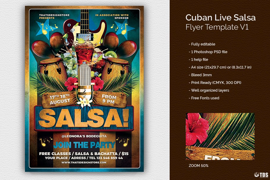 古巴萨尔萨舞曲现场海报设计PSD模板v1 Cuban Live Salsa Flyer PSD V1插图