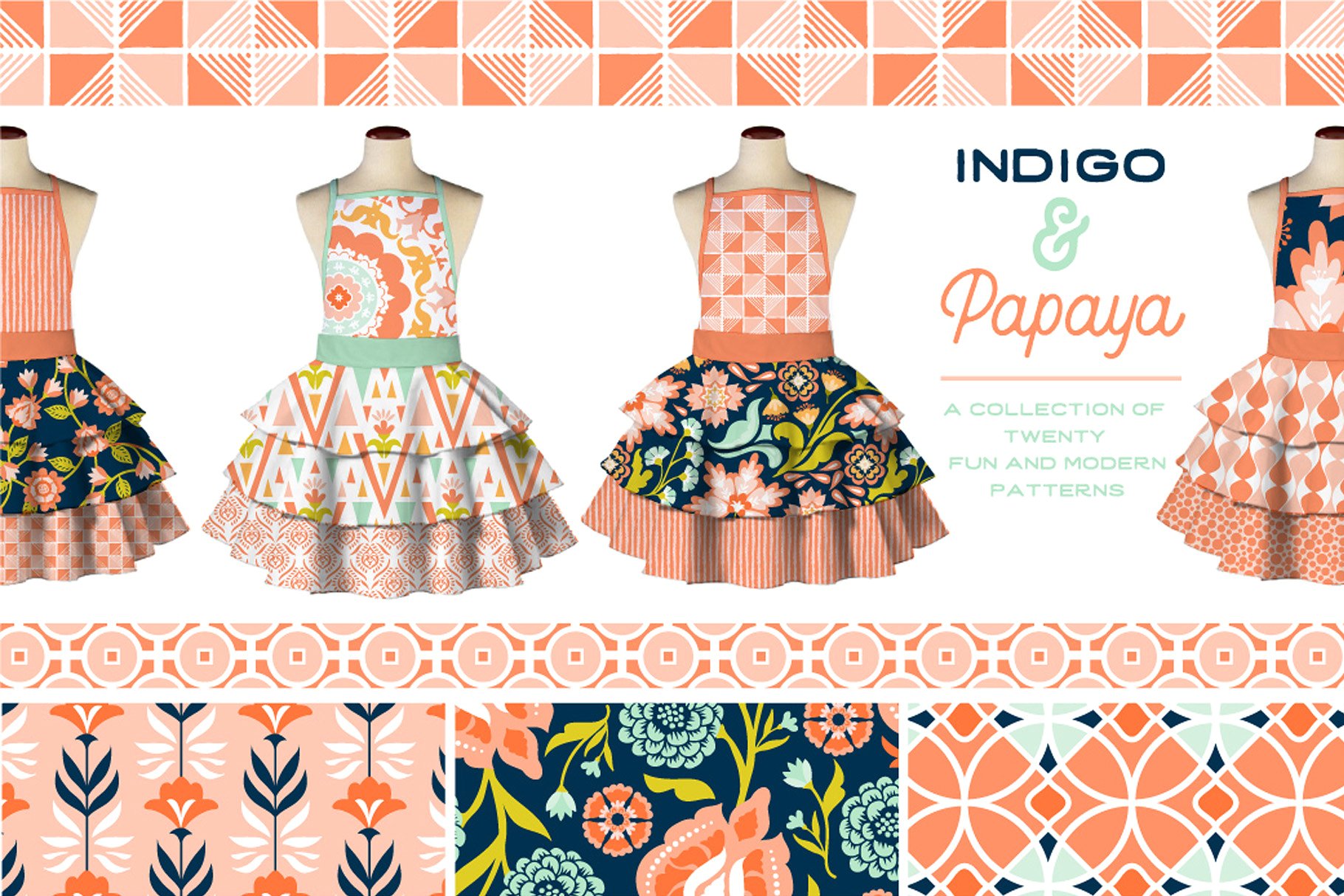 靛蓝与番木瓜色现代图案纹理 Indigo and Papaya Modern Patterns插图