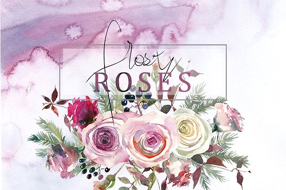 霜白玫瑰花水彩画设计素材 Frosty Roses Watercolor Flowers Set插图(2)