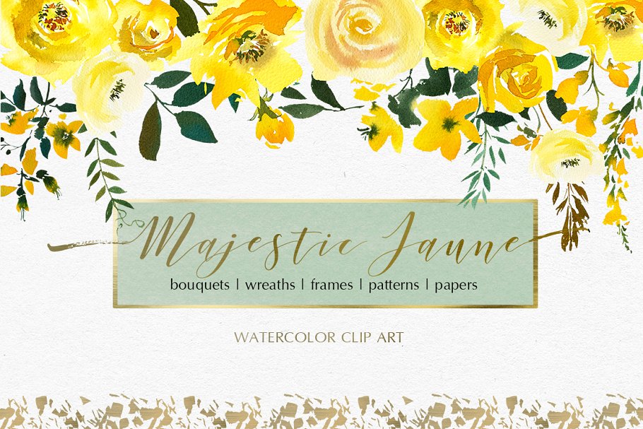 宏伟磅礴水彩花卉剪贴画 Majestic Jaune Watercolor Florals插图