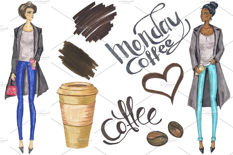 星期一咖啡元素手绘剪贴画 Monday Coffee Hand-painted Clipart插图(2)