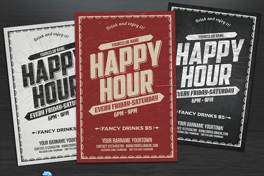 欢乐时光三色派对传单模板 Happy Hour Flyer插图(1)