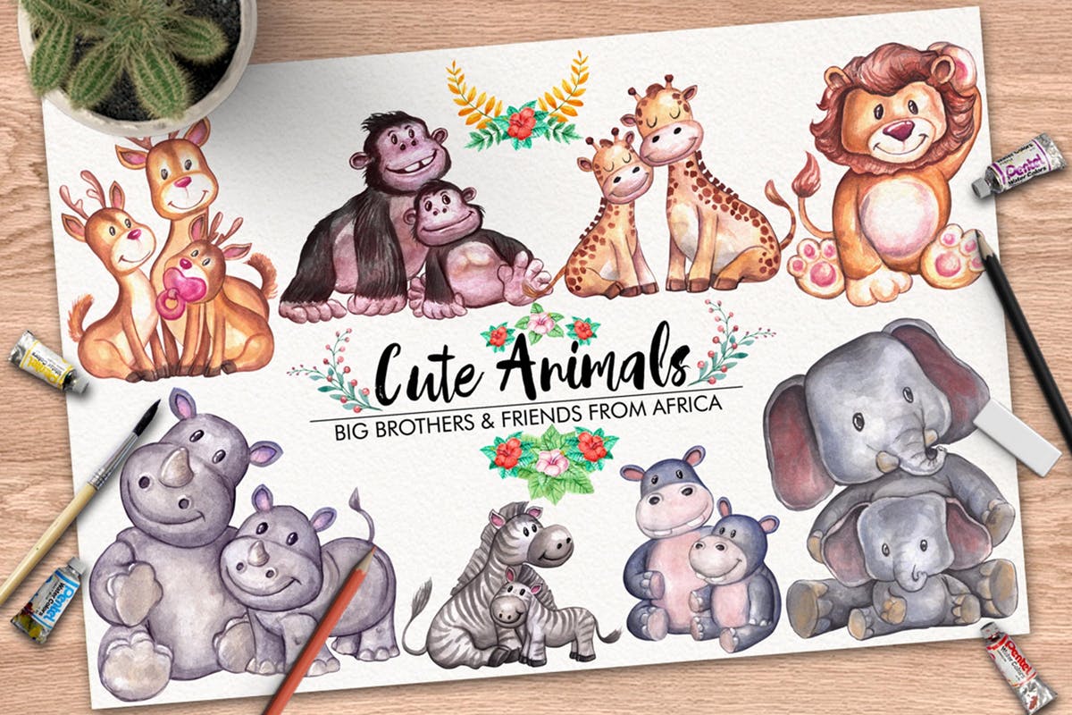 可爱动物水彩手绘剪贴画合集 Cute Animals插图