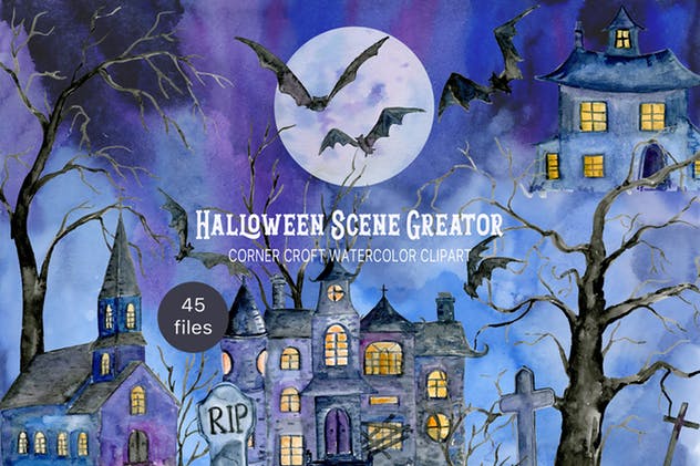 万圣节水彩元素场景生成器 Watercolor Halloween Scene Creator插图(1)