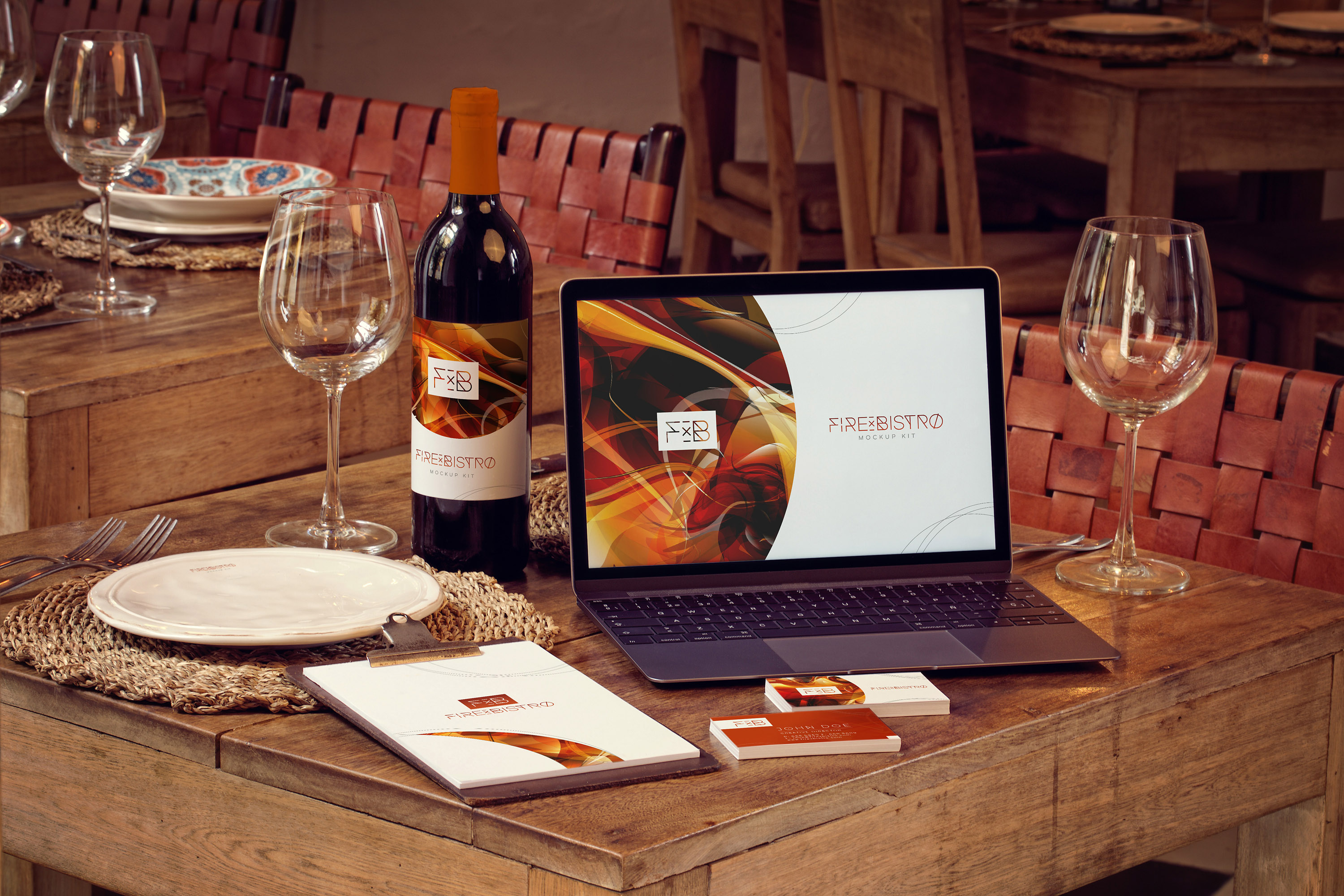 高级餐厅VI视觉设计酒瓶/MacBook/名片/菜单样机模板 Wine Bottle, MacBook, Business Cards and Menu Mockup插图