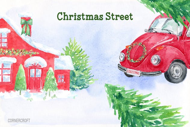 圣诞街道水彩剪贴画元素合集 Watercolor Christmas Street插图(5)
