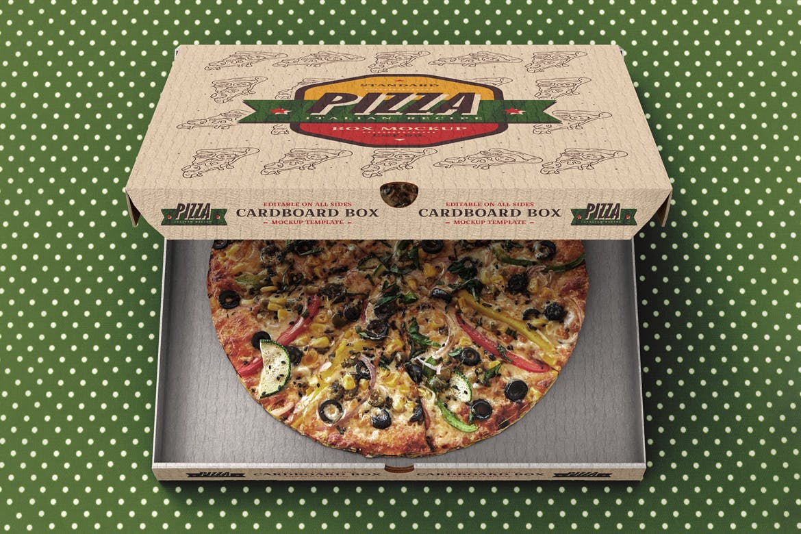披萨牛皮包装盒设计效果图样机模板 Pizza Box Mock-Up Template插图(1)