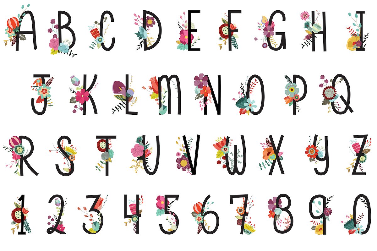 漂亮的手绘花卉字母&数字 Floral Letters & Numbers Vector, PNG插图