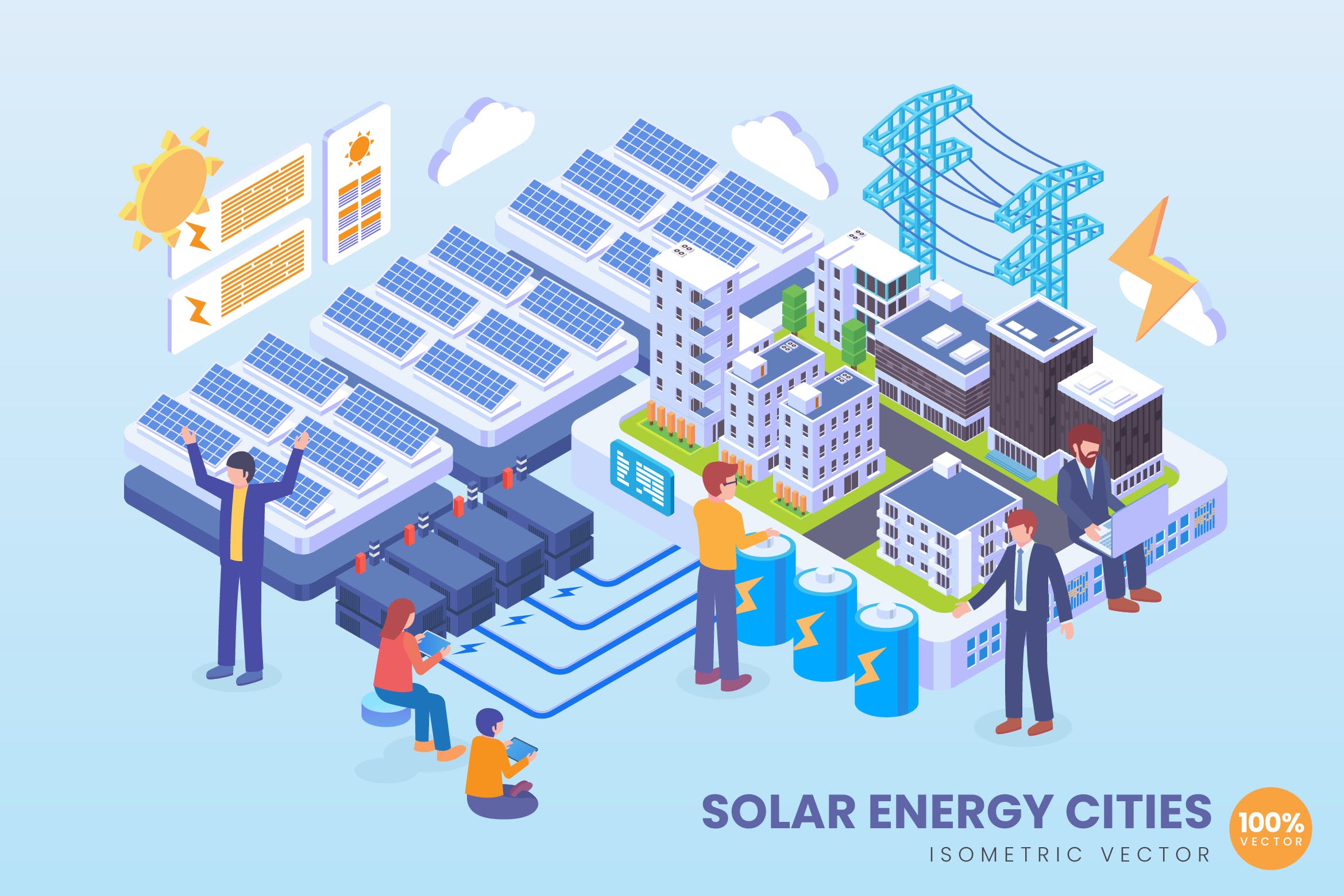 城市太阳能技术等距矢量概念插画素材 Isometric Solar Energy Cities Technology Vector插图