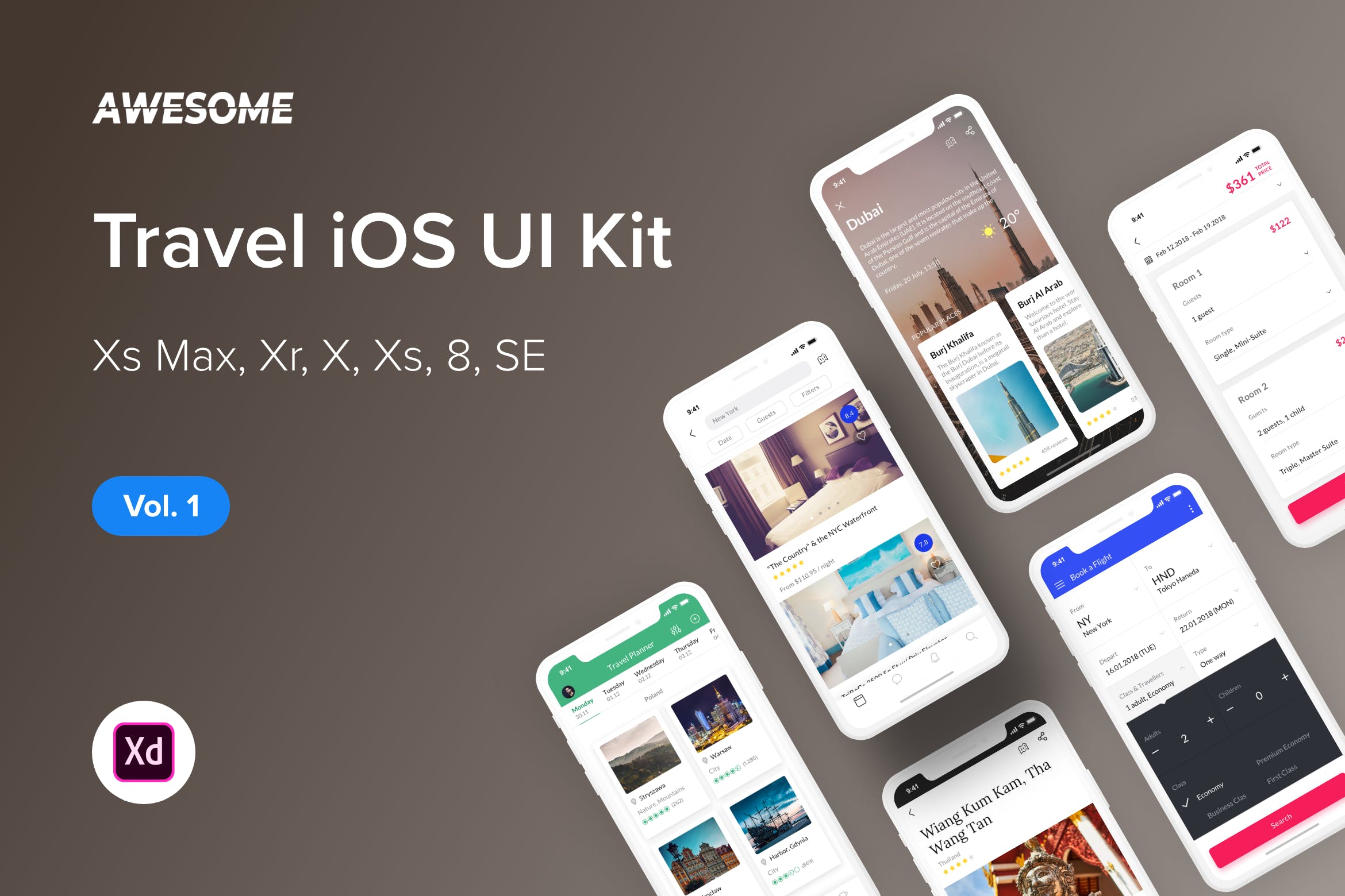 iOS平台旅游类APP应用设计UI套件XD模板v1 Awesome iOS UI Kit – Travel Vol. 1 (Adobe XD)插图