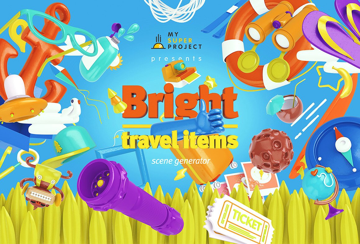 Bright Travel Items Scene Generator卡通风格的旅游物品展示样机下载 1.38 GB[psd]插图