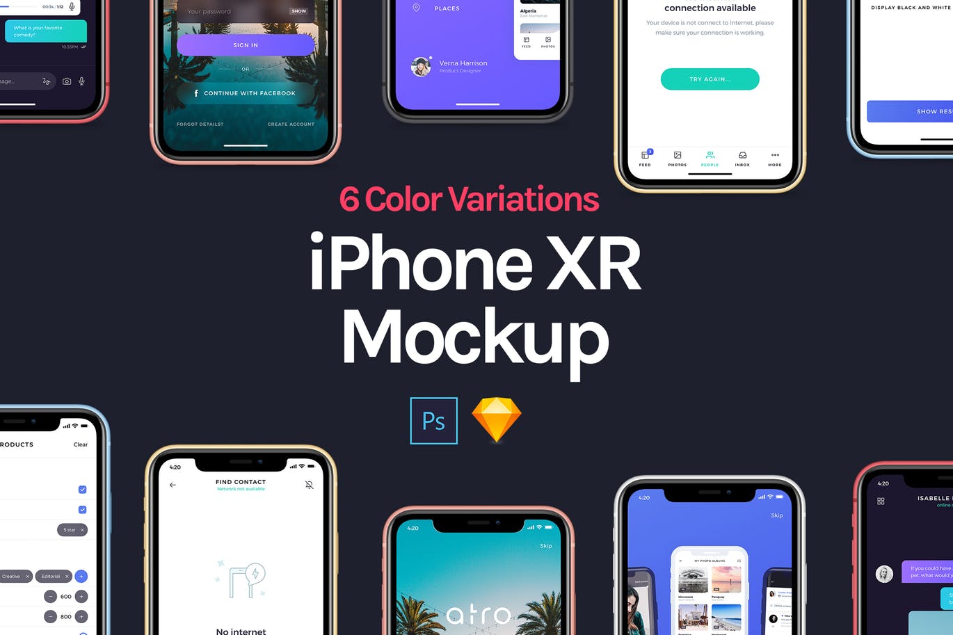 六色iPhone XR手机UI设计预览样机模板 iPhone XR Mockup插图