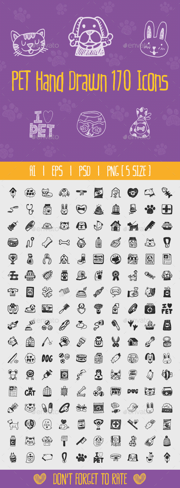 170枚手绘宠物图标素材包 Pet Hand Drawn Icons插图