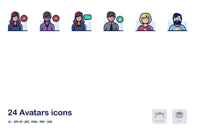 人物头像概念矢量描边图标合集 Avatars Detailed filled outline icons插图(1)