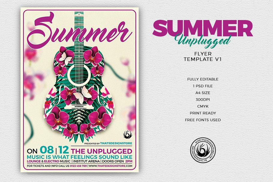 夏季吉他音乐会海报传单PSD模板 V1 Summer Unplugged Flyer PSD V1插图
