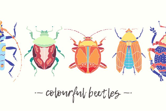 多彩多配色甲虫矢量水彩图案 Set of beautiful vector beetles插图